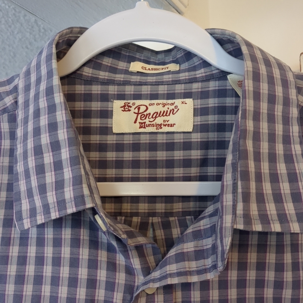 ORIGINAL PENGUIN Mens Classic Fit Plaid Short Sleeve Button Up Shirt Blue Sz XL
